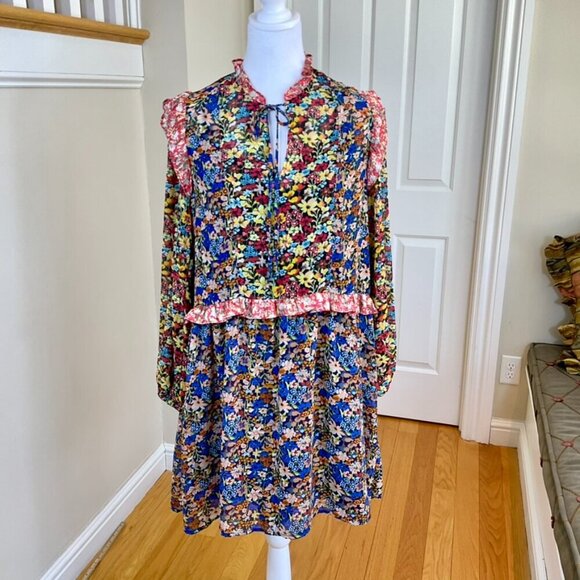 Floral Dress Long Sleeve A-Line Ruffle Tie Collar Red Blue Multi (S) Code Mode - Picture 1 of 8